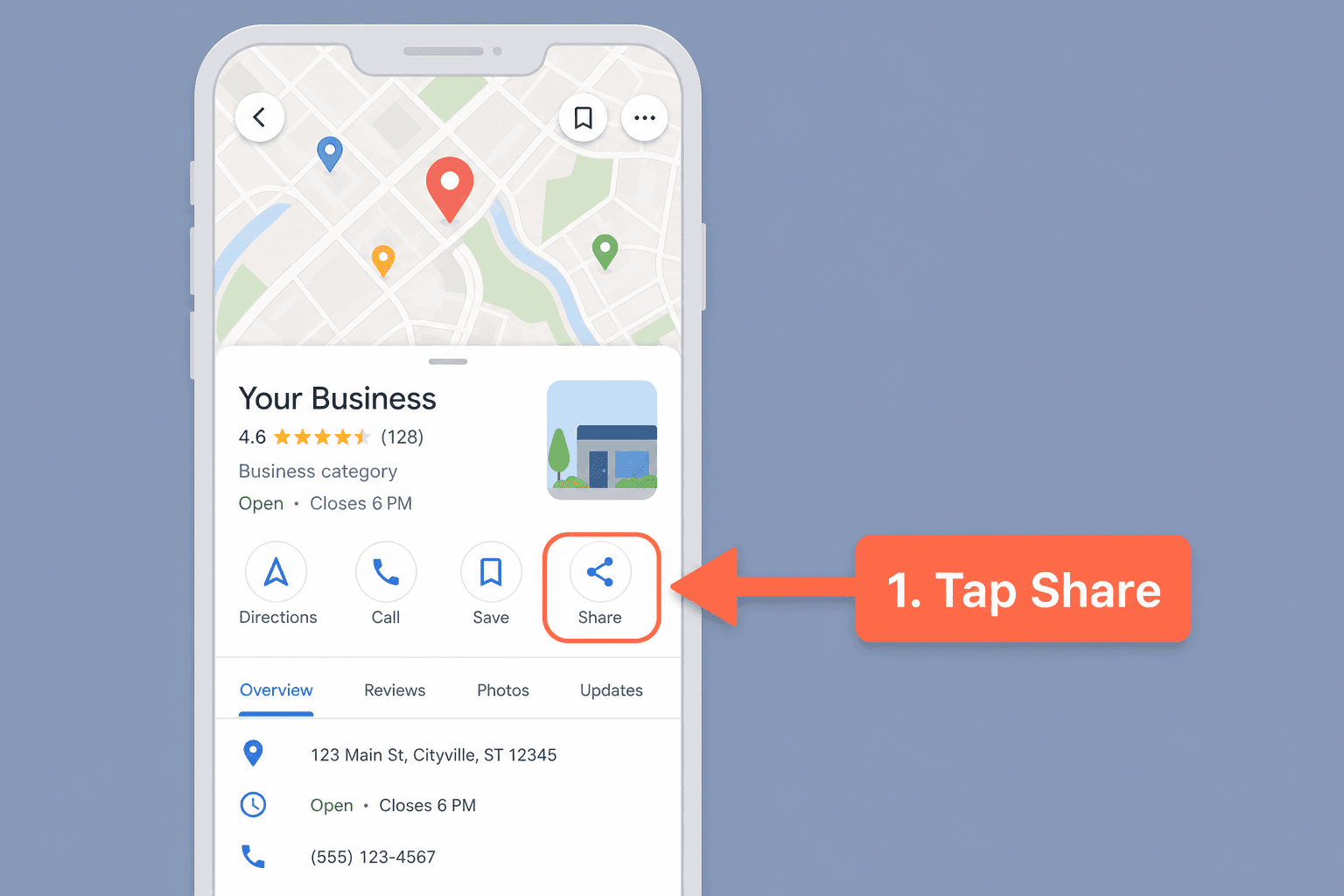 Illustration: tap Share on the business listing